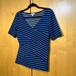 Royal Blue and Black Stripe top with criss/cross seaming on the front V-neck M